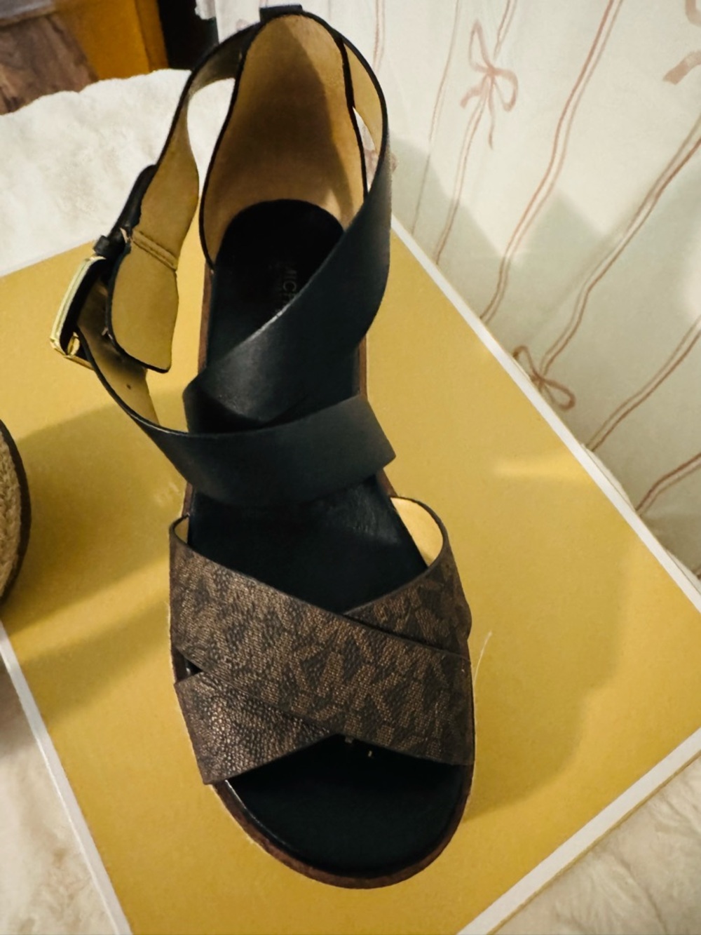 Michael Kors Black and Brown Logo Espadrille Wedge Sandals - Picture 2 of 2